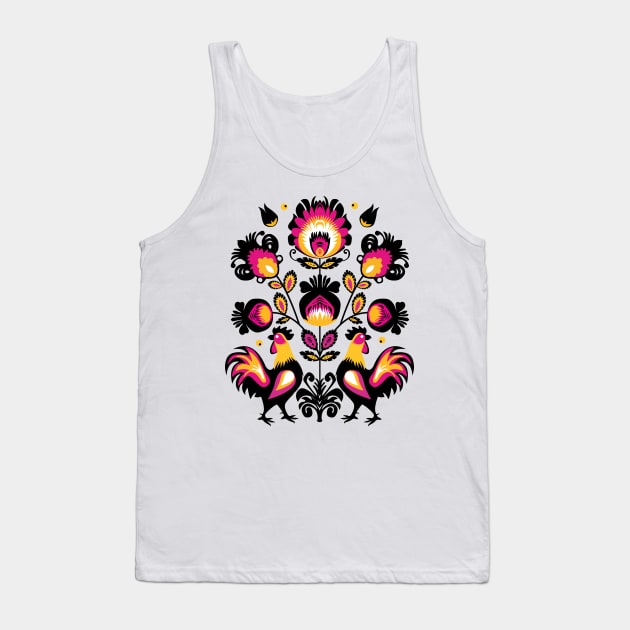Folk composition with roosters and flowers Tank Top by FK-UK